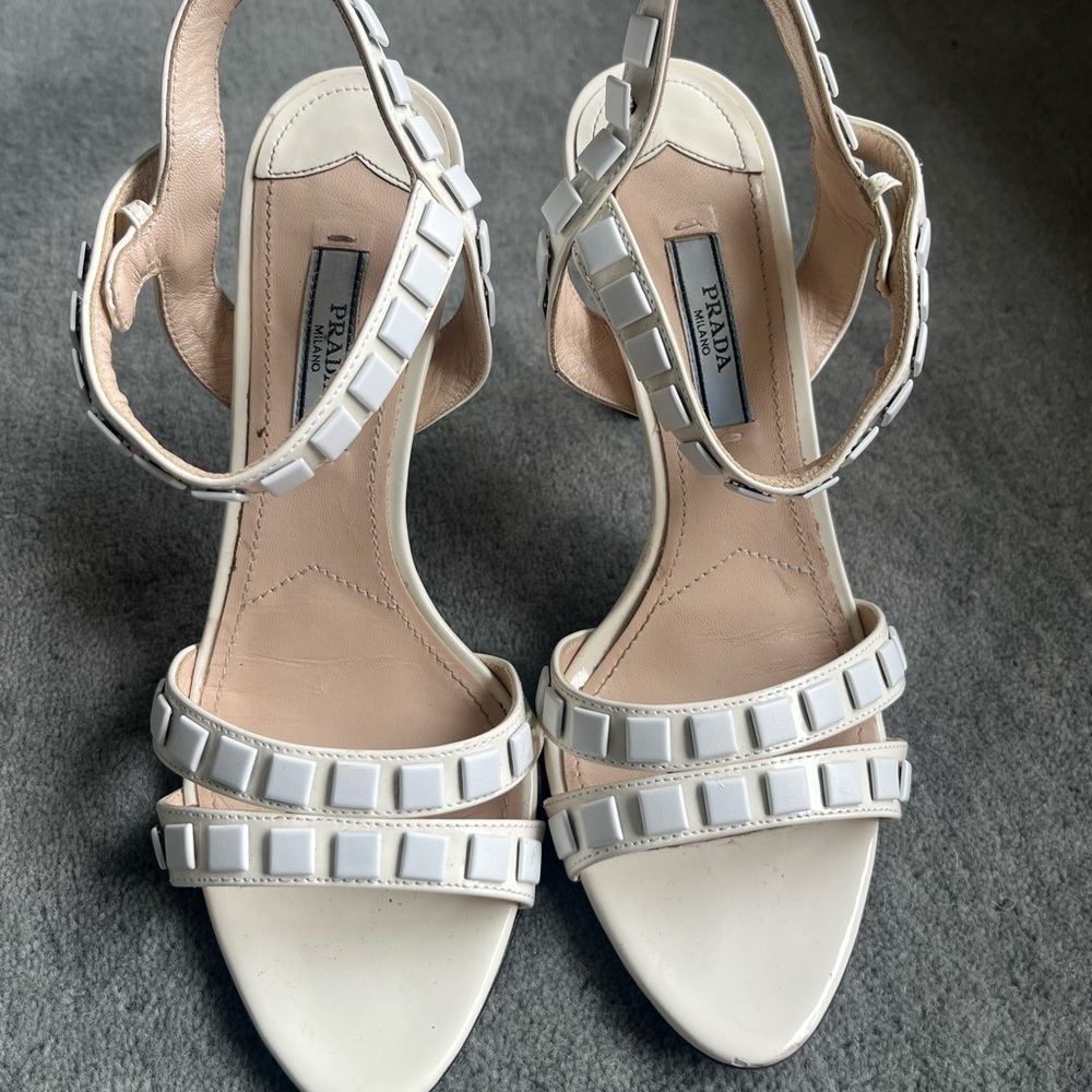 Prada White High Heeled Studded Sandals